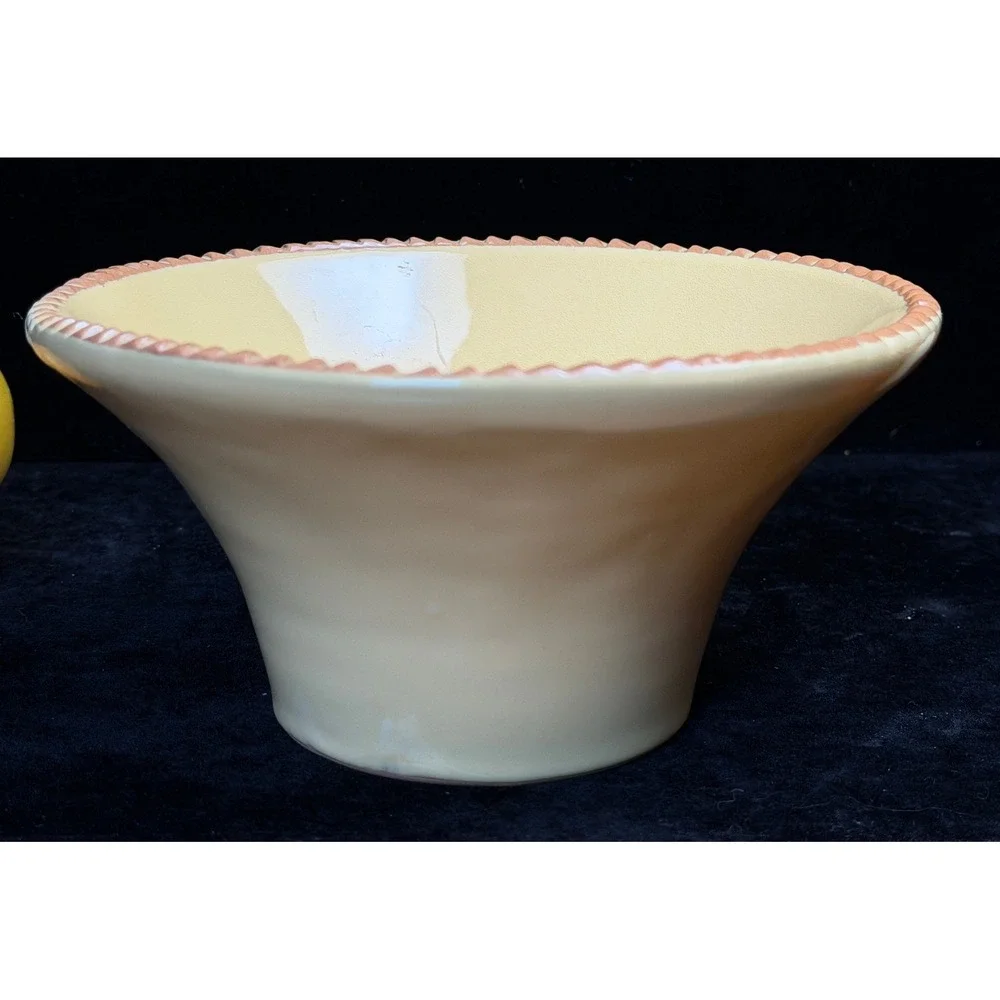 Italy Yellow Ceramic Bowl Scalloped Rim with 6 Wax Fruit Candles Set